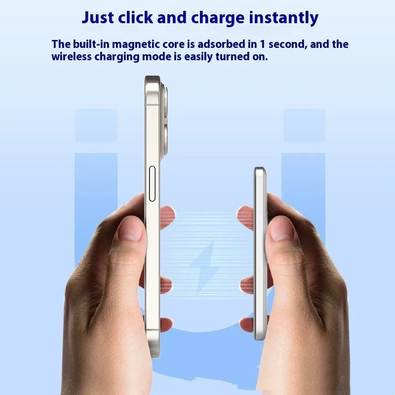 Gun gray magnetic wireless power bank with alloy shell showing ultra-thin 9mm profile and rectangular 103mm × 68.8mm dimensions