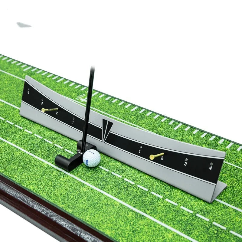 Golf putter trajectory balance simulator with adjustable PVC push rod on a flat surface