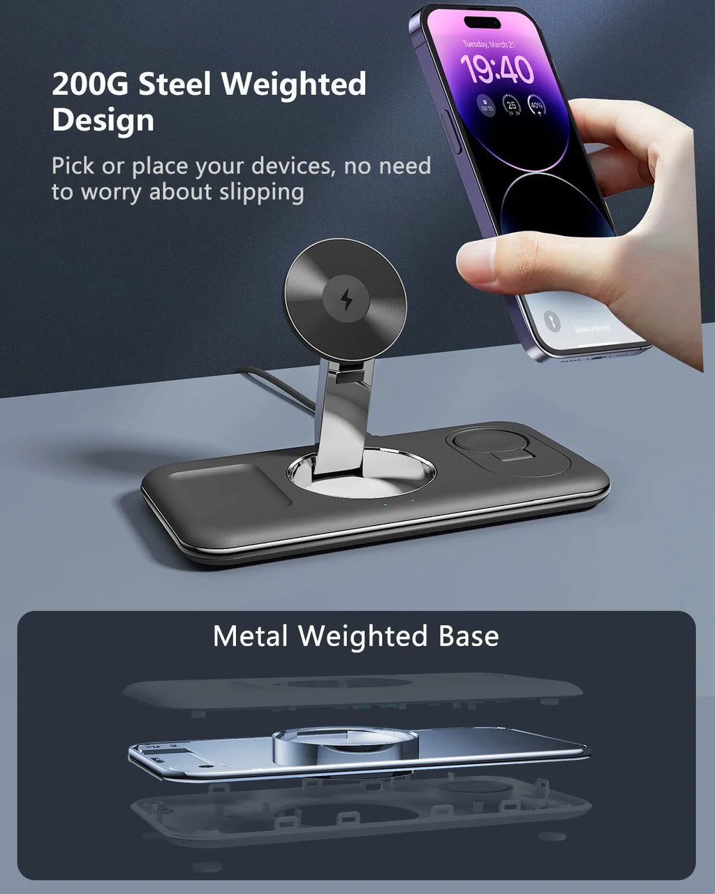 Folding magnetic wireless charger desktop bracket in white with Type-C cable for phone, headphones, and watch