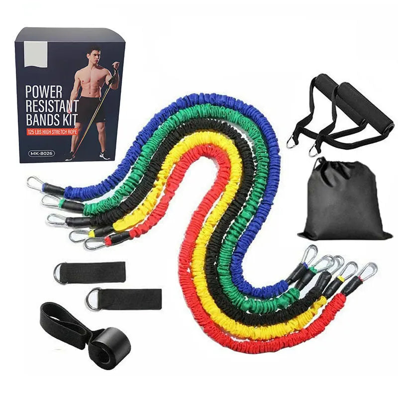 Multi-functional TPE resistance tube 11-piece set with climbing hook ribbons for home fitness exercise
