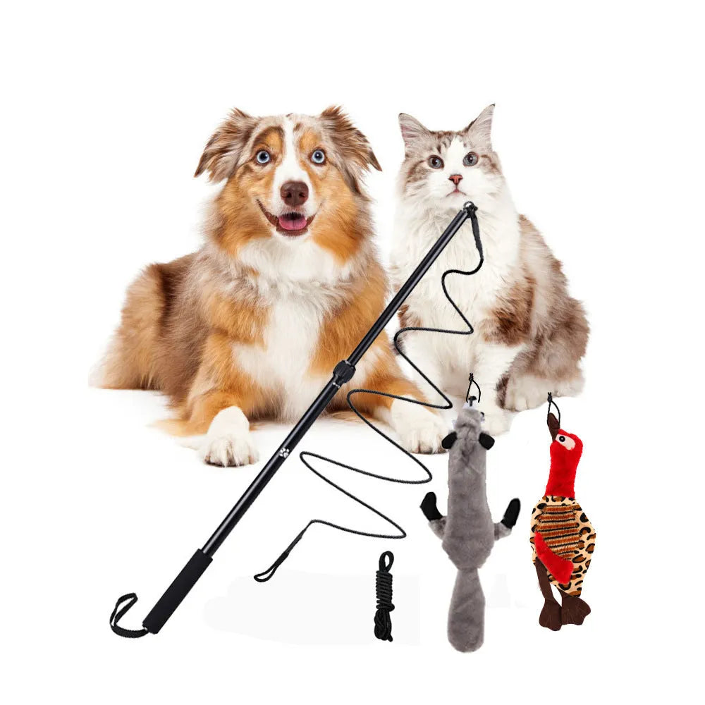 Black telescopic dog teasing rod with aluminium alloy shaft, two bite ropes and one ball, 102cm length