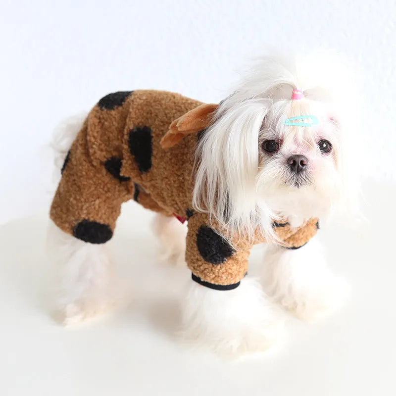 Polka dot pet clothing set showing skirt and four-leg options for cats and dogs