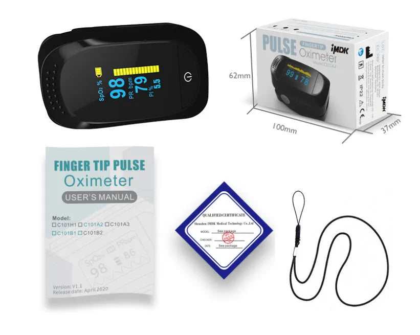 fingertip pulse oximeter with black OLED screen showing SPO2 and pulse rate readings
