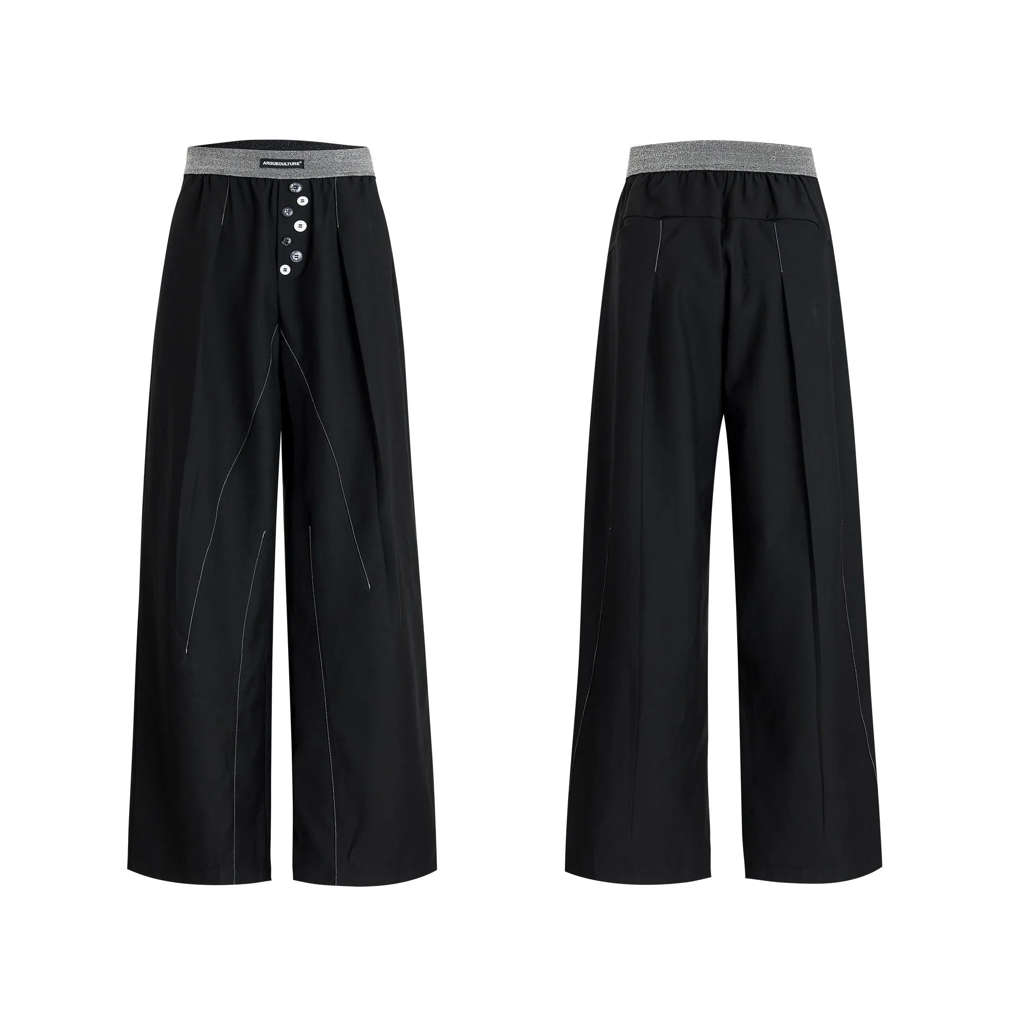 Straight-leg high-waisted trousers in grey fabric with button detail on the leg.