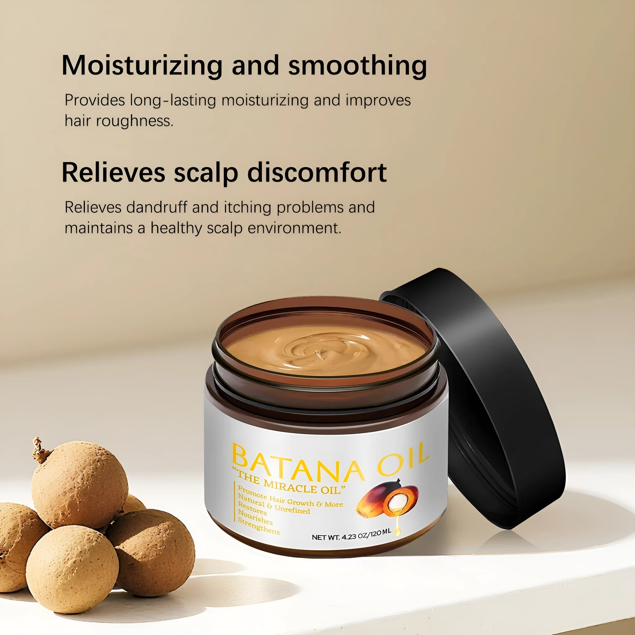 Batana hair mask bottle with herbal fragrance for frizzy hair treatment, 120ml volume