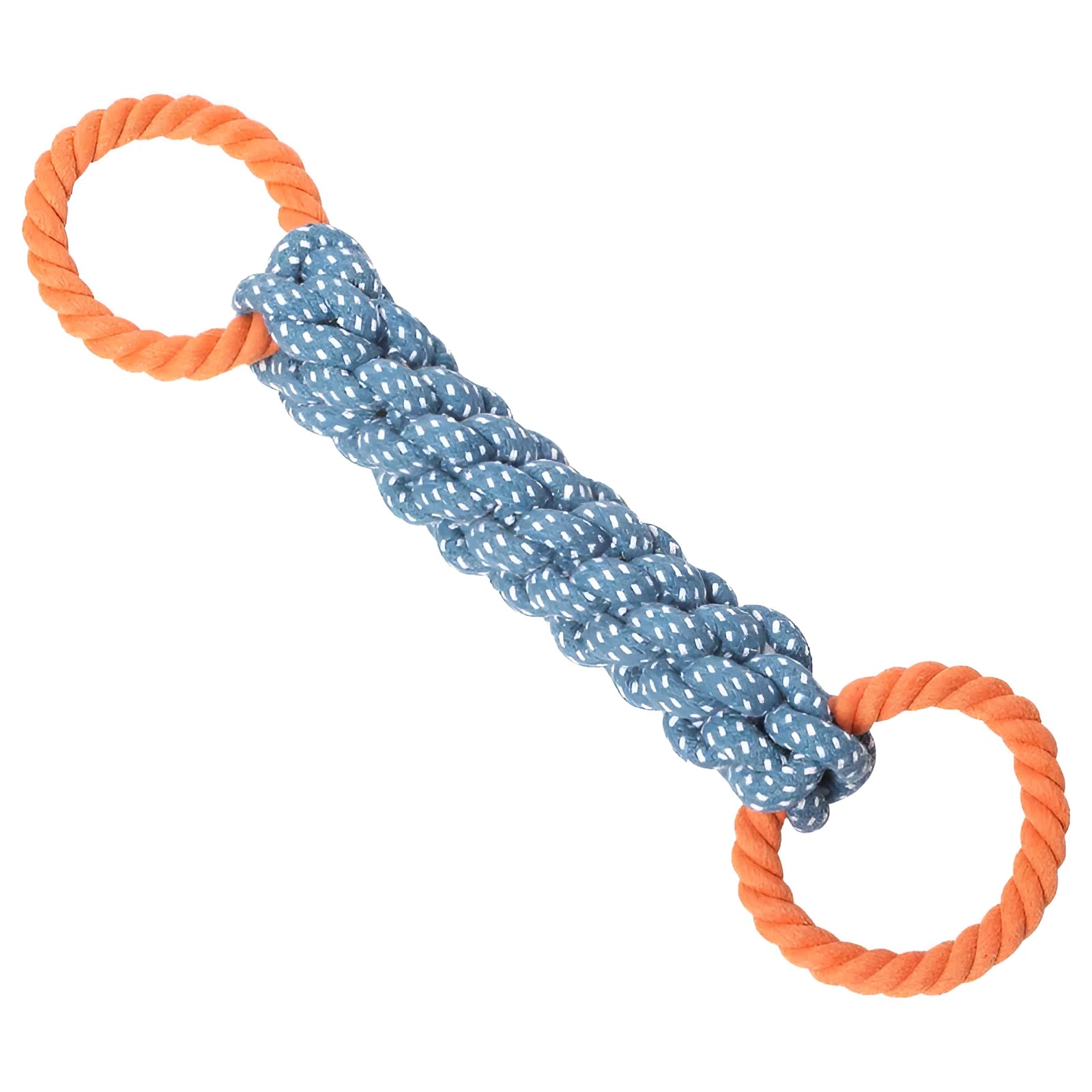 Blue braided cotton dog chew toy with double rings and bone shape, 37cm long