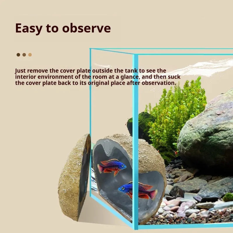 Magnetic fish tank shelter ornament attached to glass aquarium with optional food patch