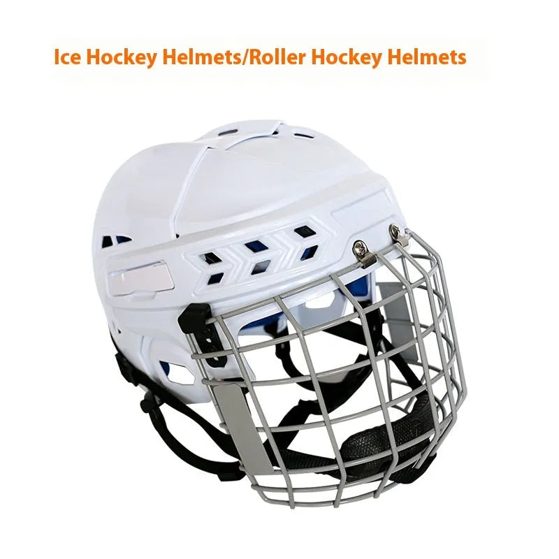 Ice hockey and ball hockey helmet with a carbon steel face mask in black.