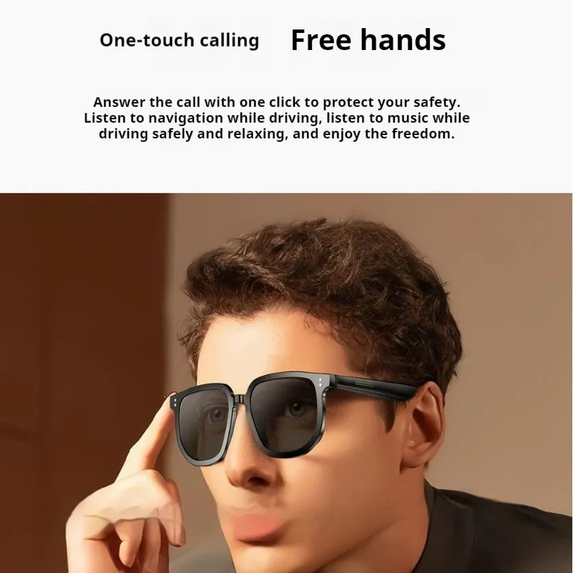 Black AI smart glasses with Bluetooth audio and sunglasses lenses for wireless calls.