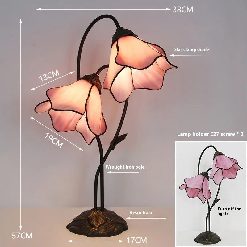 American classical retro style glass table lamp with ornate lotus shade, shown in a beige double head configuration.