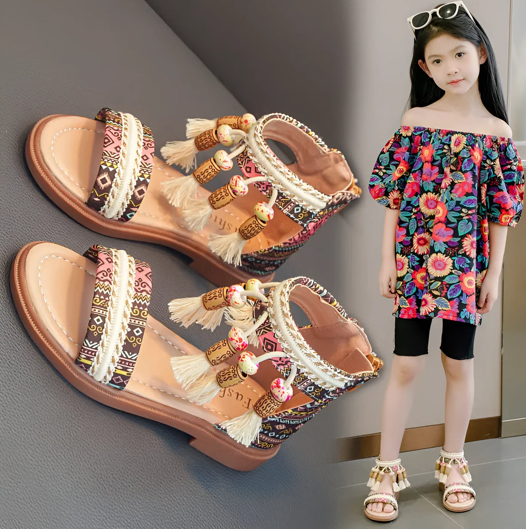 Summer ethnic retro children's Roman sandals with beaded detail, cloth upper, back zipper, in black colour option.