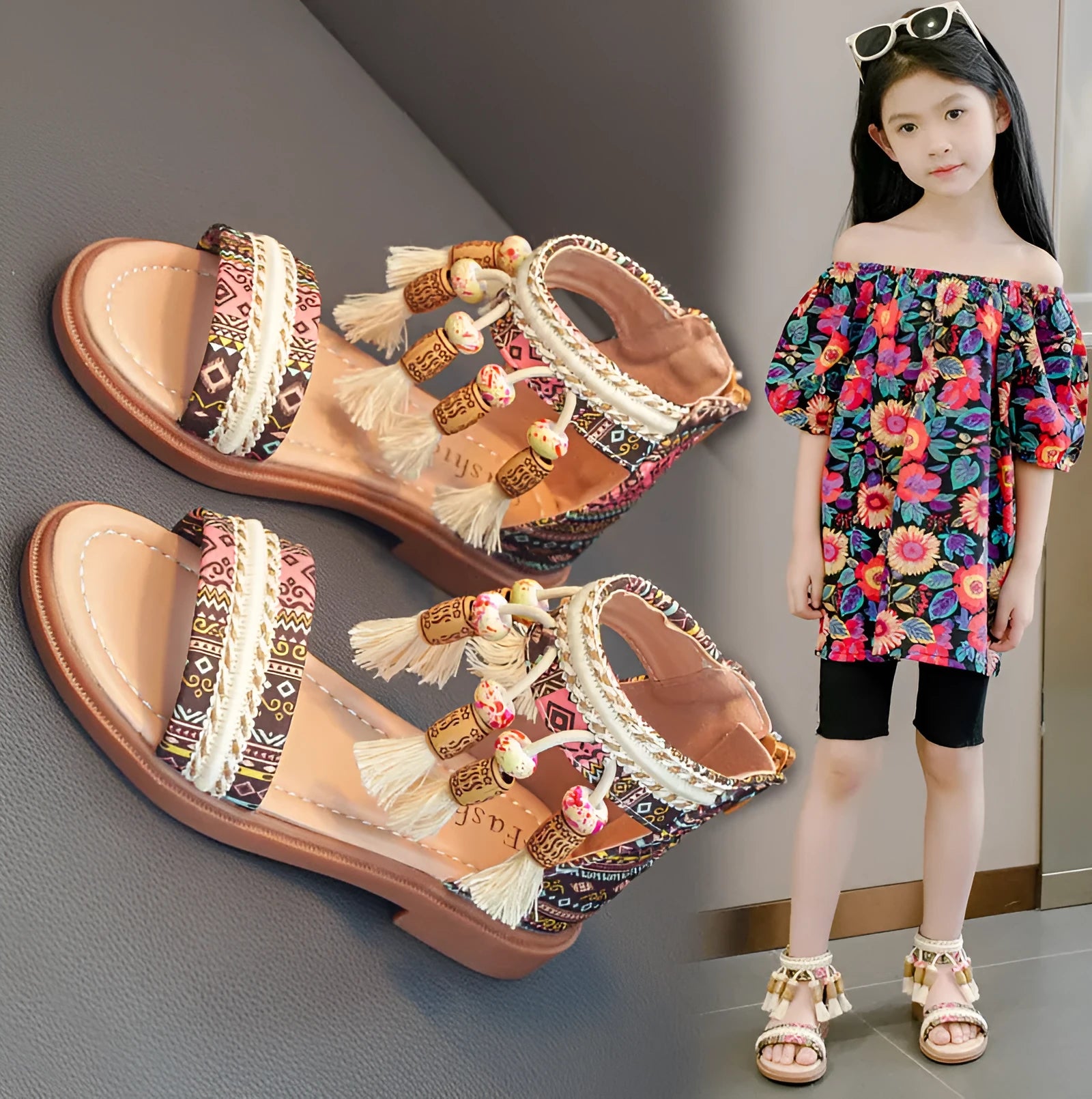 Summer ethnic retro children's Roman sandals with beaded detail, cloth upper, back zipper, in black colour option.