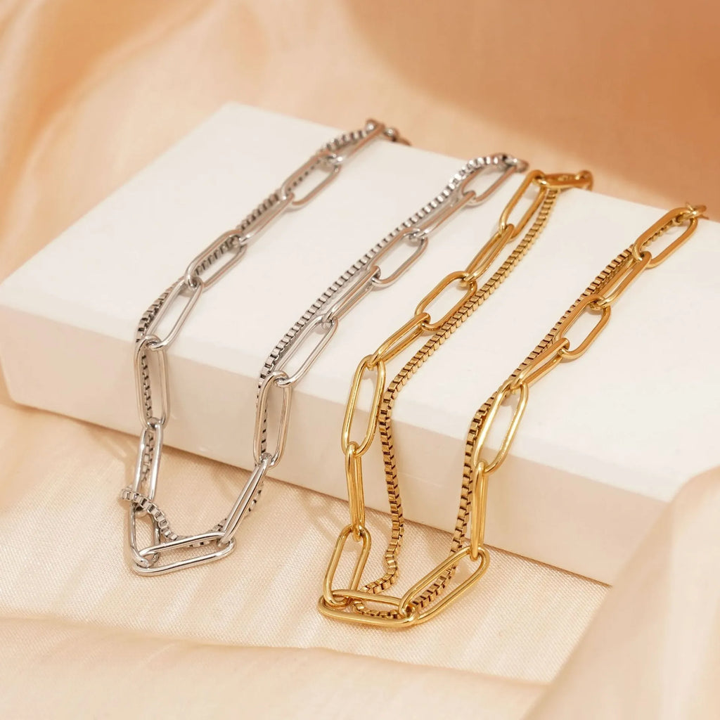 Double layer twin titanium steel bracelet with geometric lines in gold or silver finish