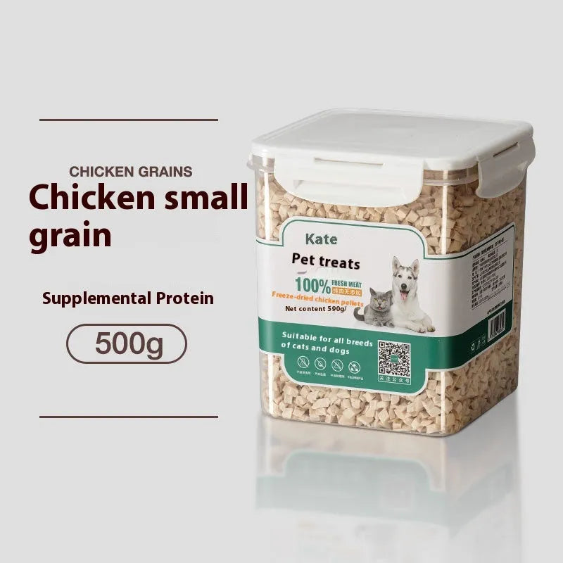 500g bag and barrel of freeze-dried chicken grain-free cat treats nuggets