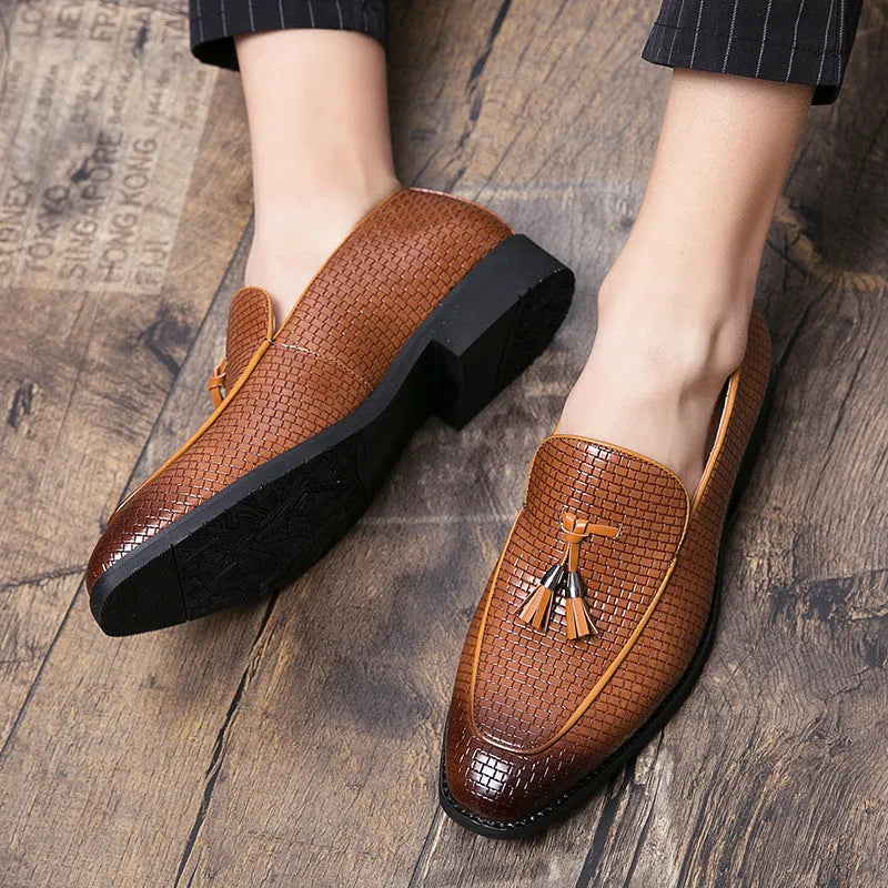 Men's black slip-on loafers with pointed toe and tassel detail, business style artificial PU shoes