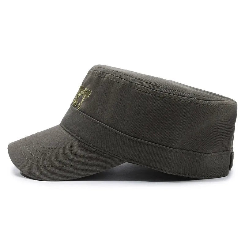 Men's flat-top peaked cotton cap in army green with an extended peak and adjustable back strap.