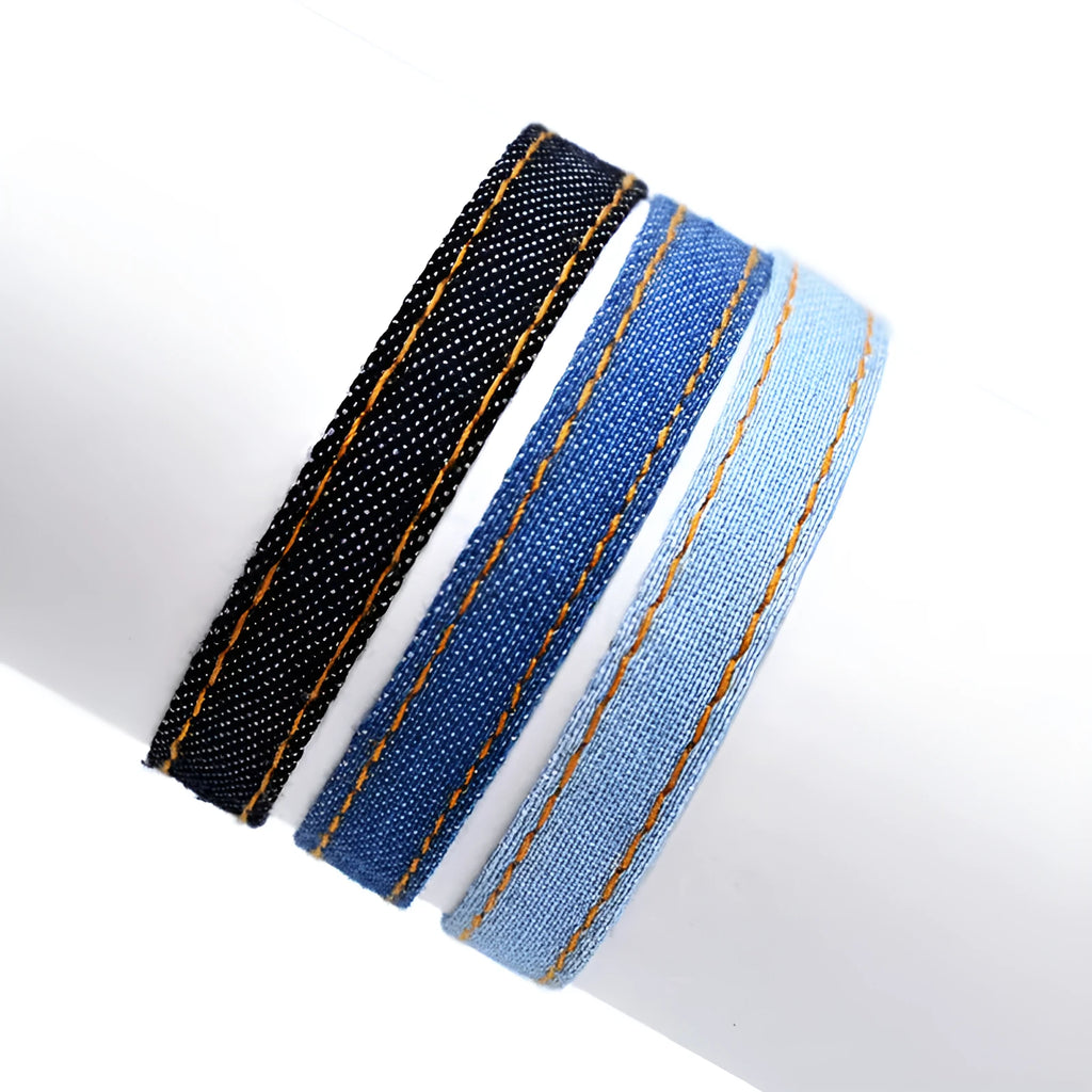 Denim fabric bracelet strap with mixed materials in one of eleven colour options for travel memorial use