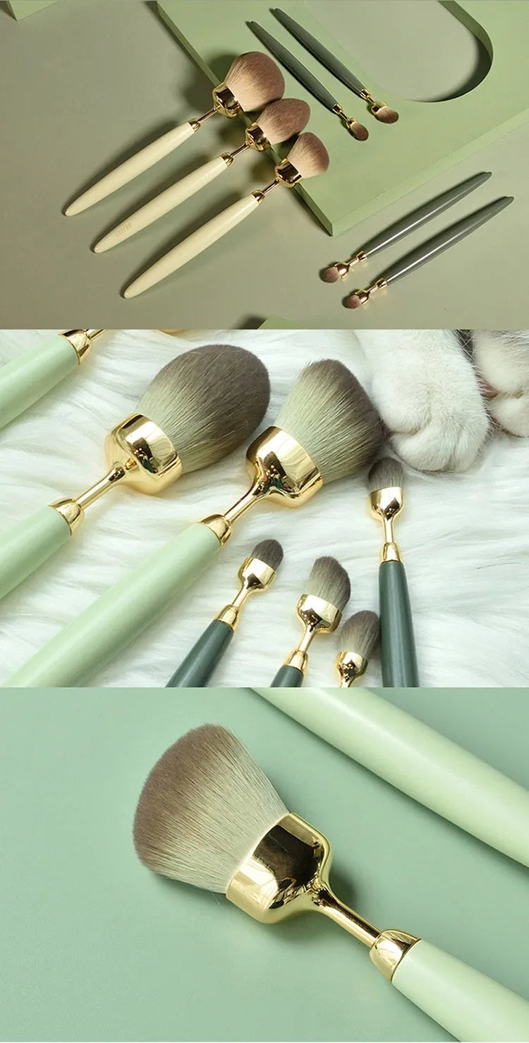 BA 7-piece makeup brush set with beech wood handles and soft bristles on a clean surface