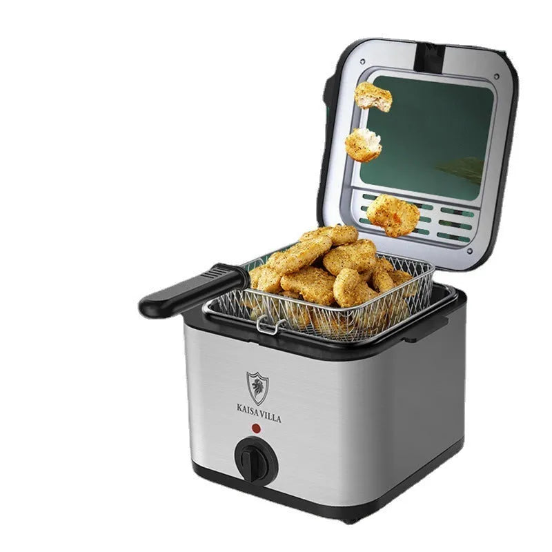 Silver electric air fryer with detachable basket showing stainless steel and plastic construction