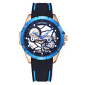 Men's automatic watch with hollow skeleton dial showing mechanical movement