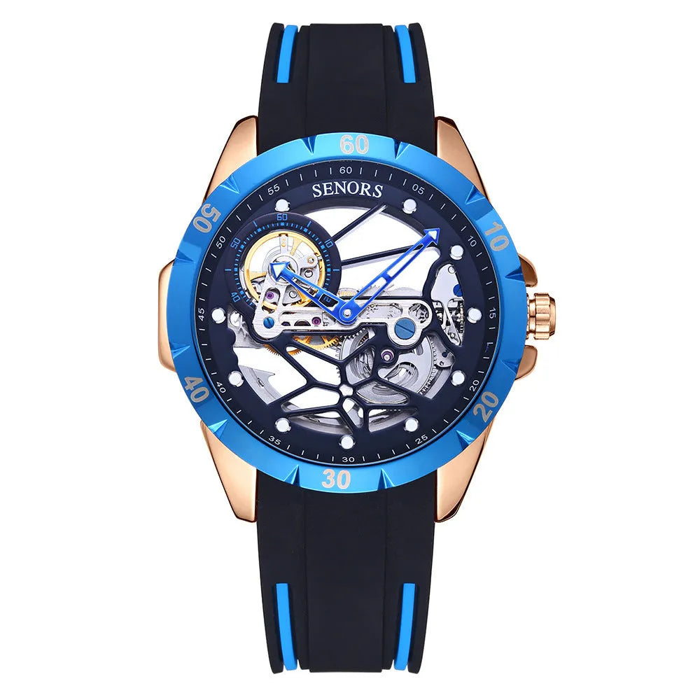 Men's automatic watch with hollow skeleton dial showing mechanical movement