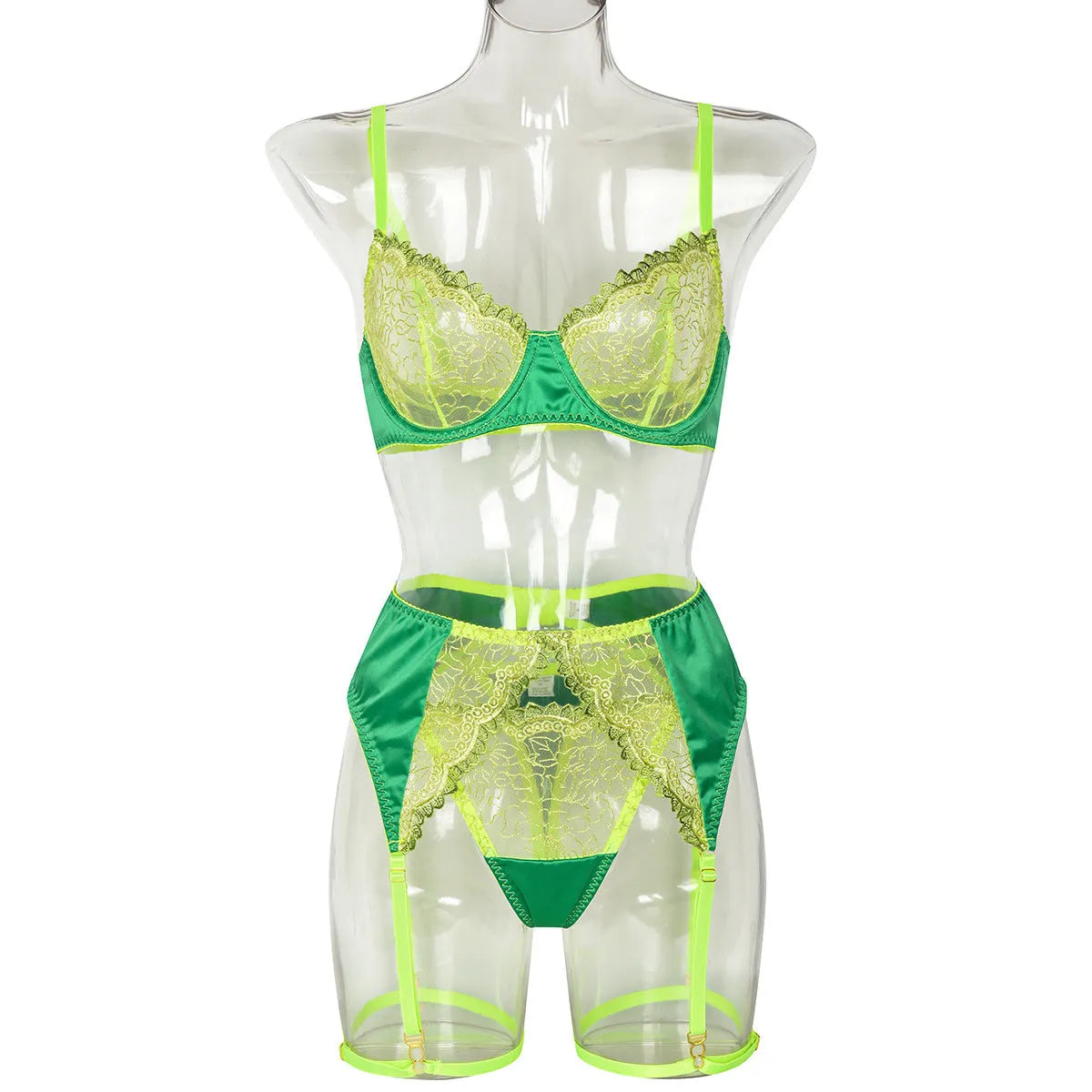 Flower embroidery satin contrast patchwork see-through three-piece set in green polyester for women