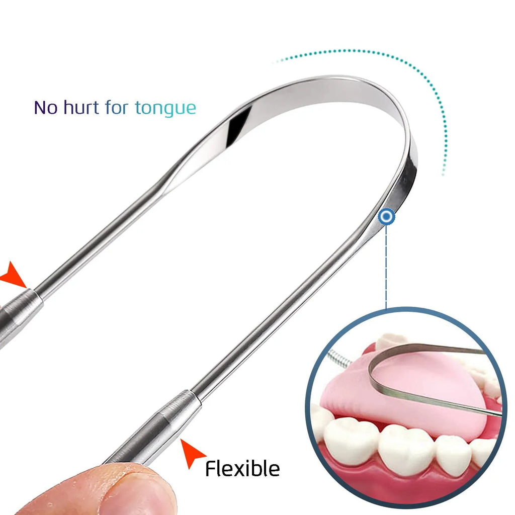 Stainless steel tongue scraper set with large opening U-shaped, small opening U-shaped, and spoon type scrapers in pearlescent bag packaging