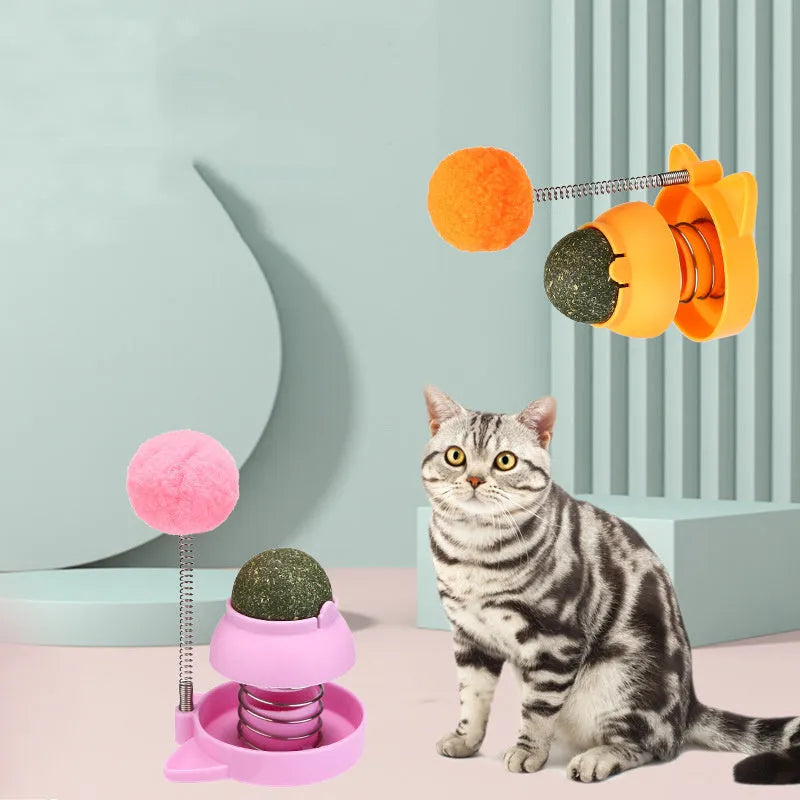 Blue, orange, and pink mint-flavoured ball cat toy for hairball relief and dental care