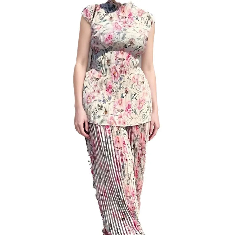 Long sleeve floral print chiffon dress and skirt set on a hanger.