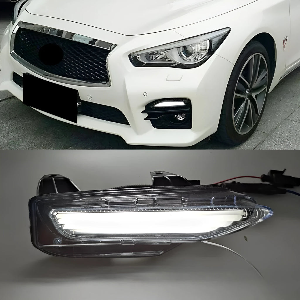 Infiniti Q50 Q70 front bumper LED replacement lamp unit with integrated turn signal, fog and daytime running lights