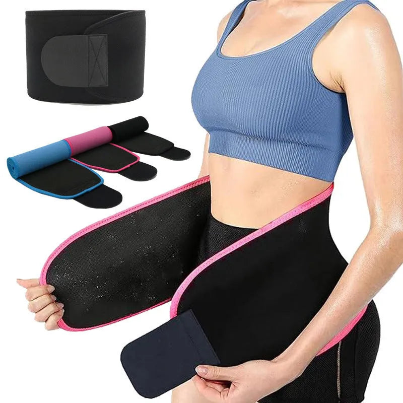 A neoprene lumbar support belt for sports and fitness, shown in black, blue, and pink colour options.