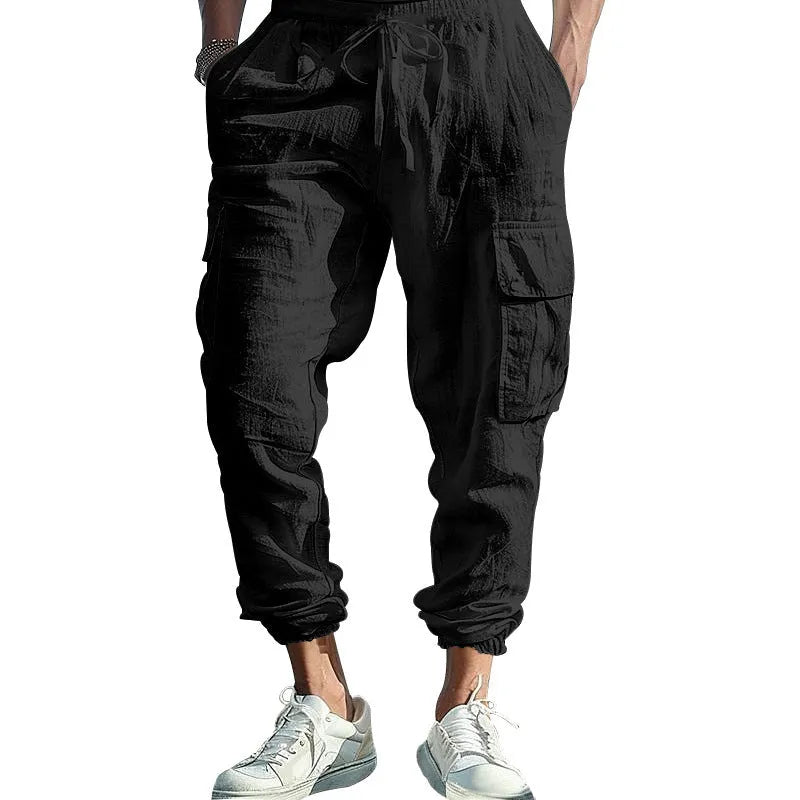 Men's casual linen trousers with ankle ties and multiple pockets in solid colour options