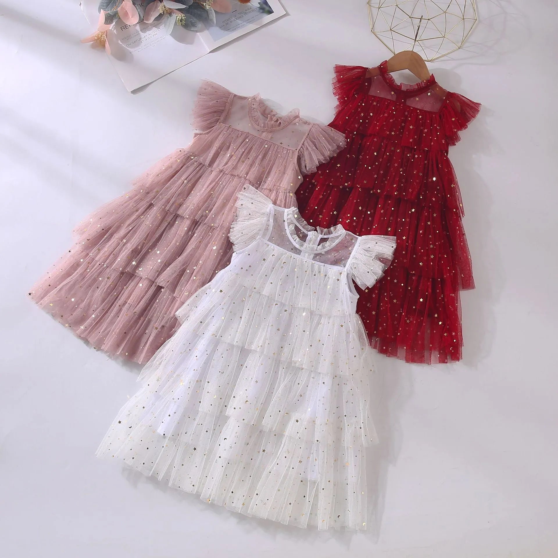 Girls' sleeveless fairy princess dress with star sequins and cake pattern, available in multiple colours and sizes 80-160cm