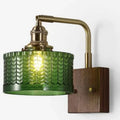 American retro wall lamp in walnut wood and brass with green glass shade, including LED bulb