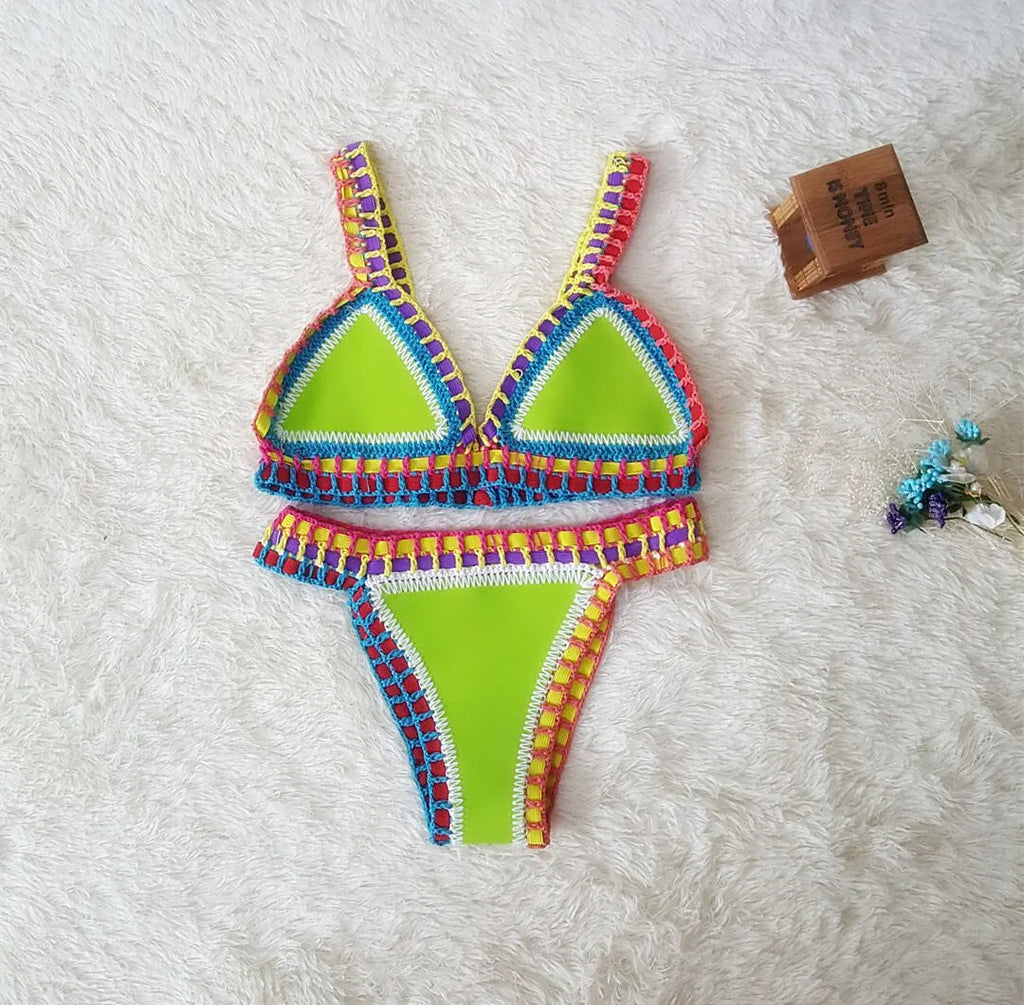 Hand crochet colourful bikini set with lace trim and rubber straps in multiple colours on white background
