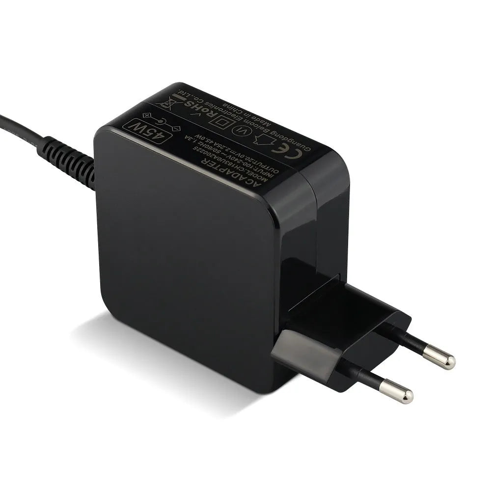 Black 45W laptop adapter with American DC connector measuring 99.3mm x 36.5mm x 61.8mm