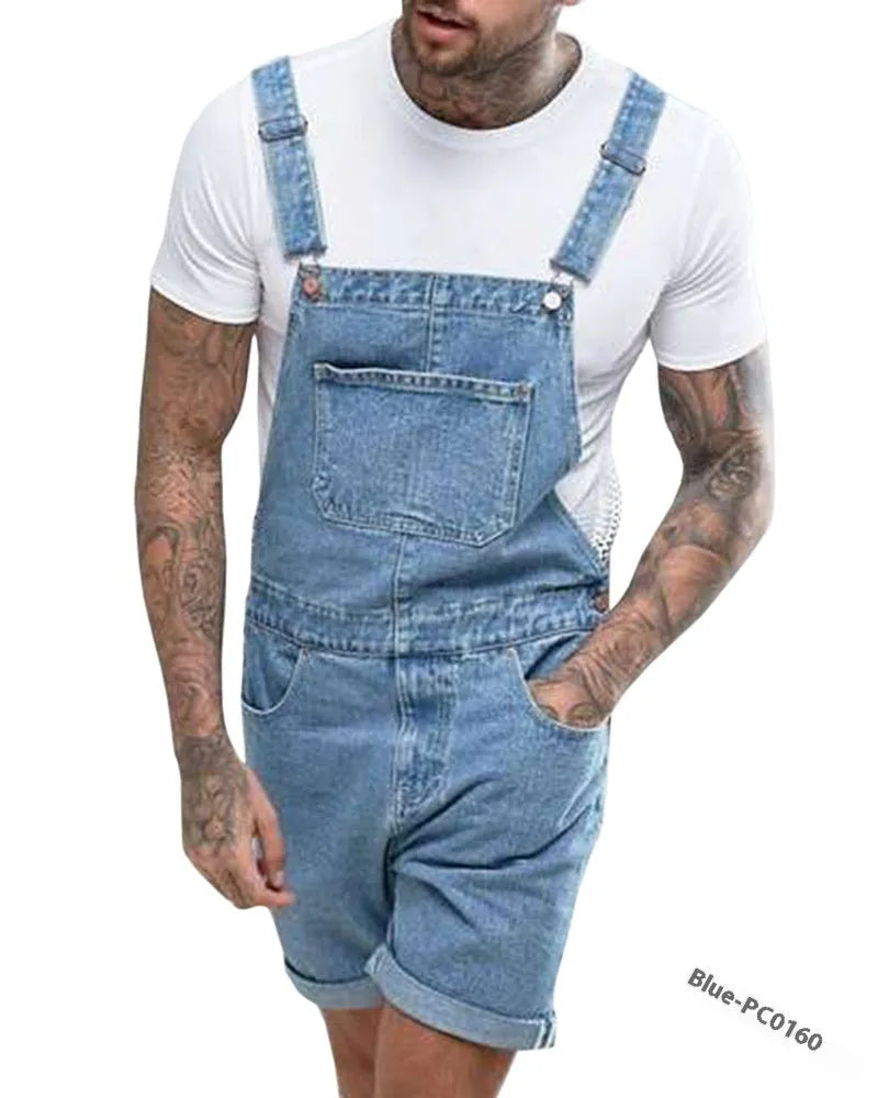 Mid-waist denim suspender shorts with elastic fabric and zipper fly in three colour options