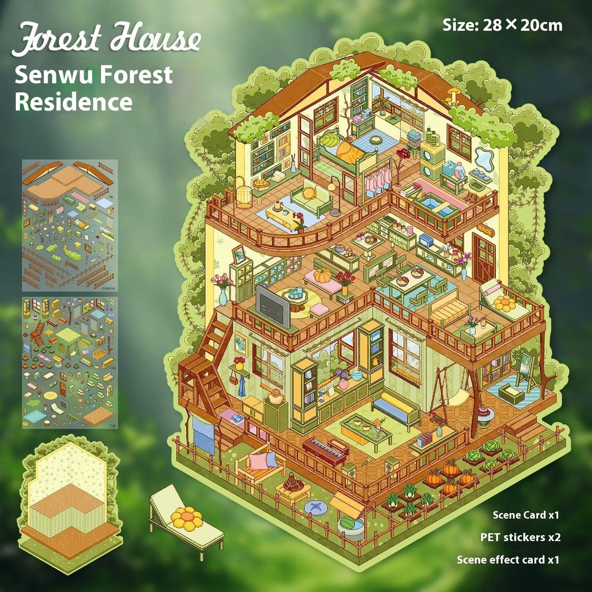 3D miniature landscape PET stickers with scene card and effect card in cartoon style