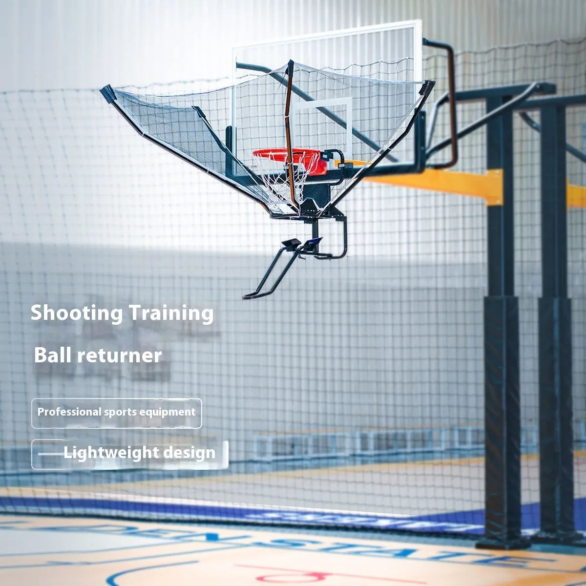Portable automatic basketball rebound net hanging on a hoop for solo shooting practice.