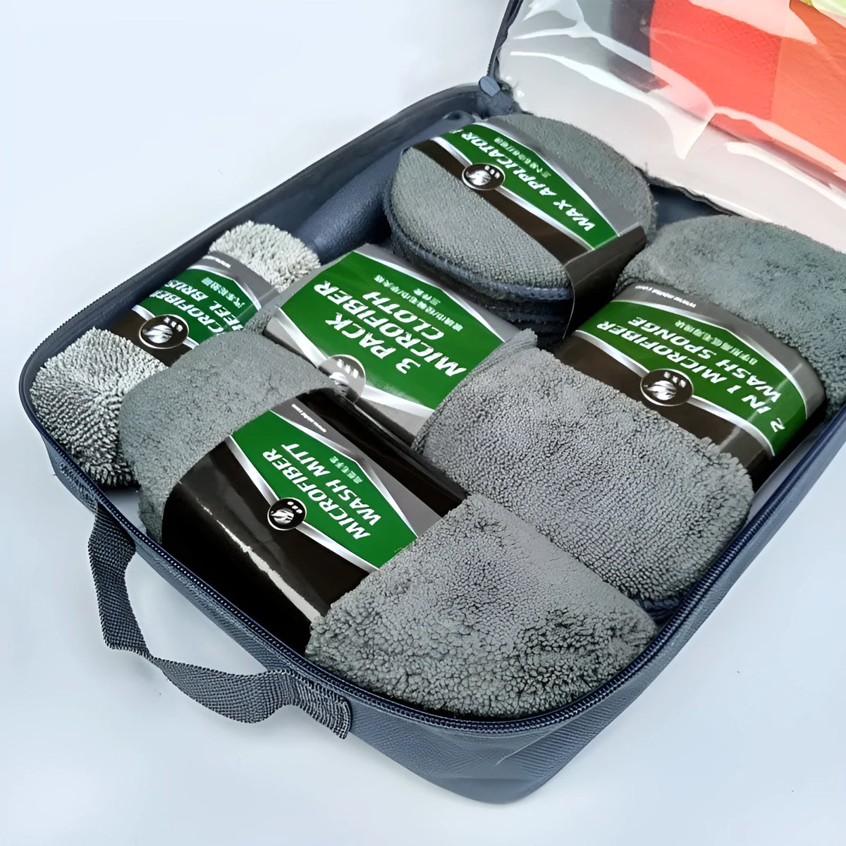 9-piece car wash kit with tire brush, wool glove, sponge block, two 280G/M2 towels, waffle cloth and three waxing cakes