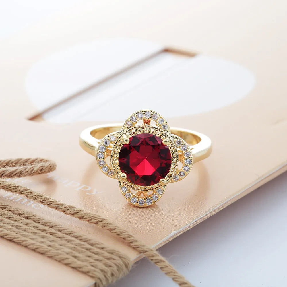 Copper ring with zircon inlay in fruit shape design, electroplated finish in colour 10-6-1395