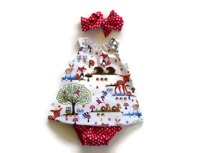 Red cartoon girls' three-piece cotton summer suit with dress, shorts, and headband for toddlers 80-100cm