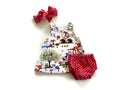 Red cartoon girls' three-piece cotton summer suit with dress, shorts, and headband for toddlers 80-100cm