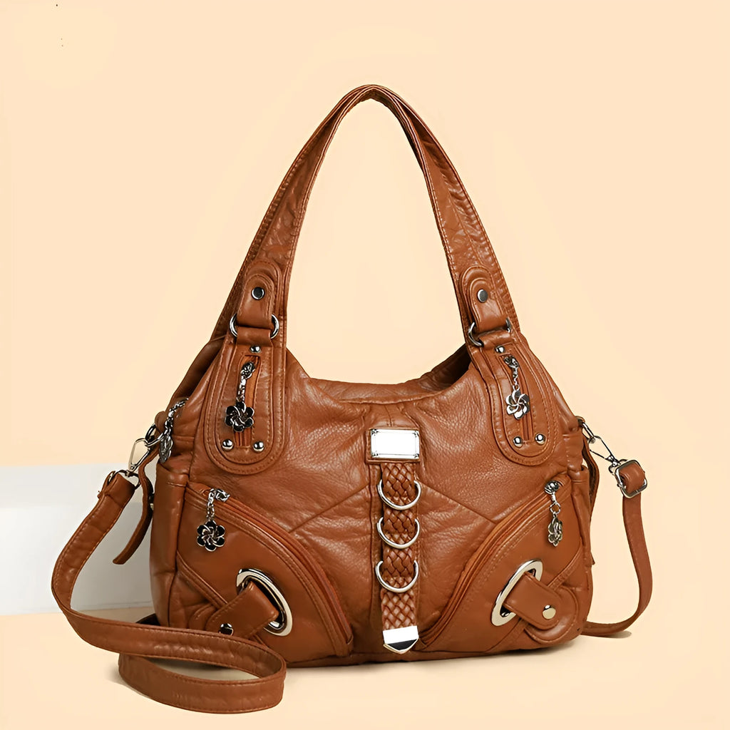 Women's large capacity washed leather handbag in soft PU with horizontal square shape and multi compartment interior
