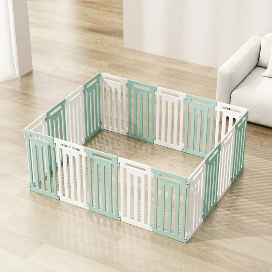 Plastic indoor dog isolation fence panels in green white, yellow white, red white or all white, 8 to 24 pieces