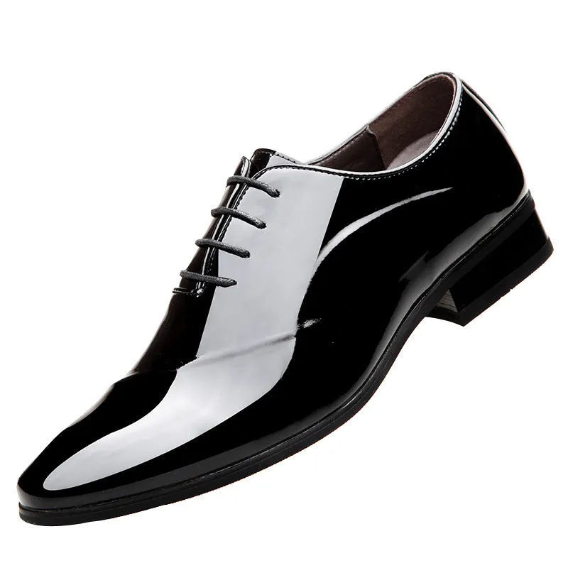 Men's black and brown pointed toe formal business shoes made from artificial PU leather.