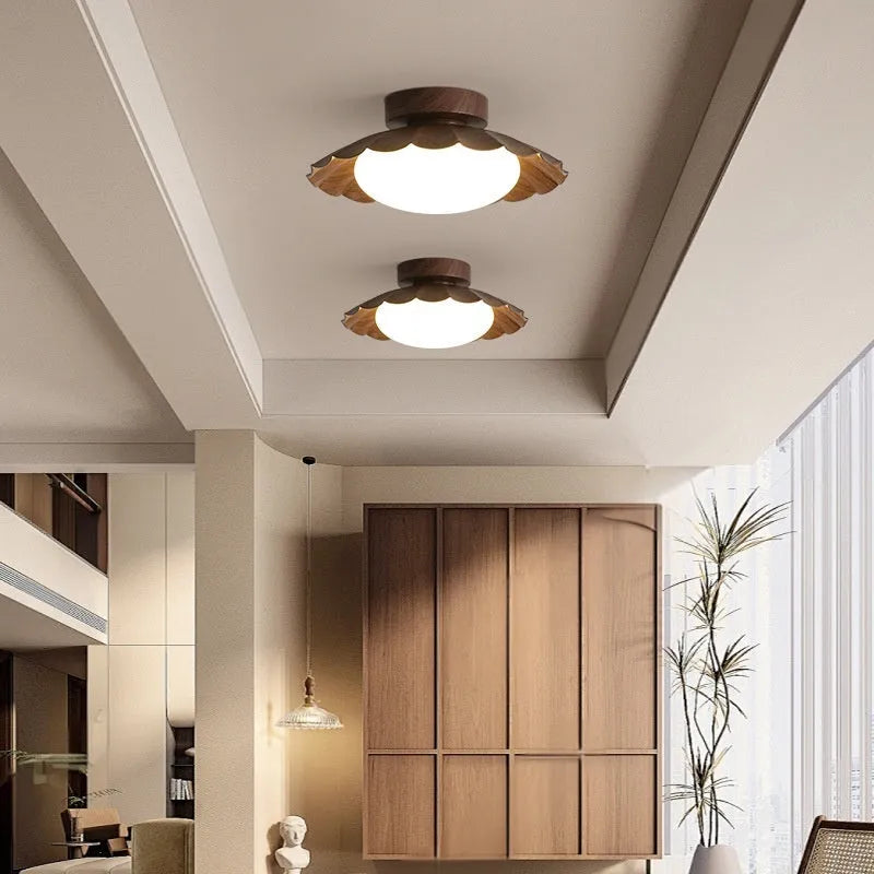 Round 25 cm mid-ancient silent balcony LED ceiling light in beige iron and acrylic shade on white ceiling