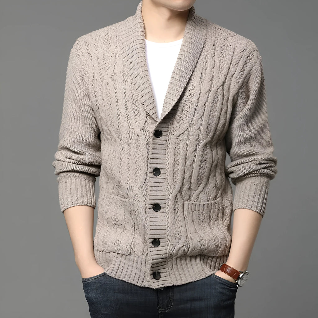 Men's Korean style jacquard pattern knitted jacket in straight cut cardigan style