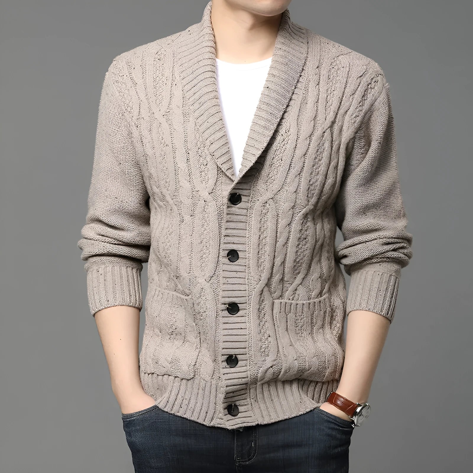 Men's Korean style jacquard pattern knitted jacket in straight cut cardigan style