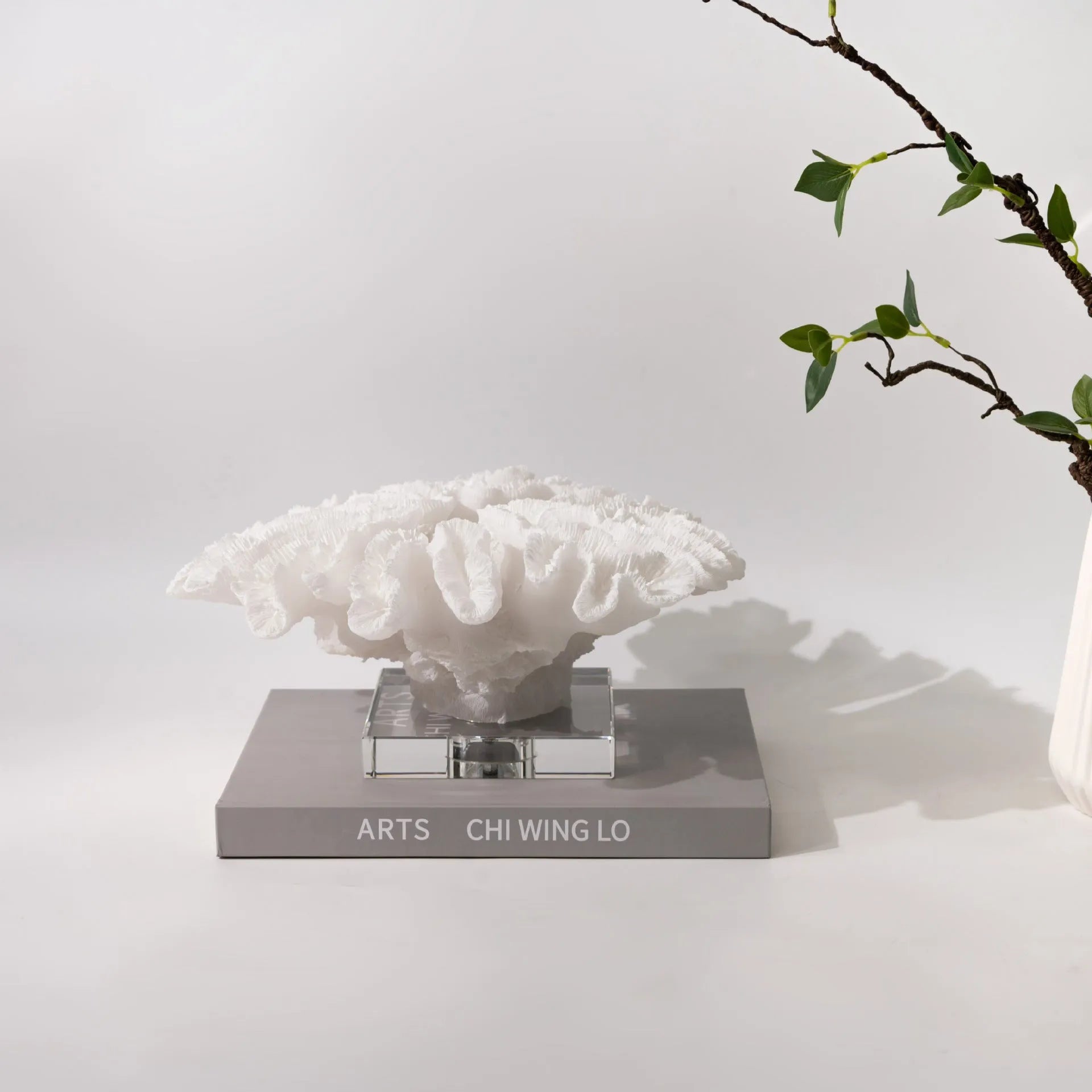 Nordic modern light luxury resin coral ornament, white colour, 34x31x15cm, on a wooden desk
